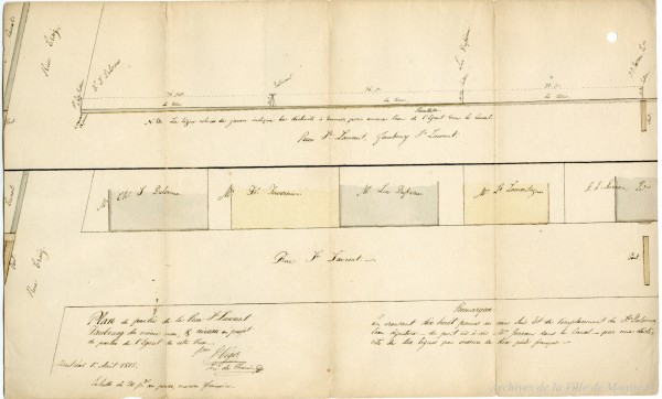 Plan d’une partie de la rue Saint-Laurent, au coin de Craig (Saint-Antoine), montrant la déclivité prévue pour amener l’eau de l’égout au canal (visible sur la gauche, encore à ciel ouvert à l’époque). Plan dressé par Jacques Viger, inspecteur des grands chemins, des rues, ruelles et des ponts de Montréal (et futur premier maire). – 1er août 1815. VM035-3-2-D016 p70. Archives de la Ville de Montréal.