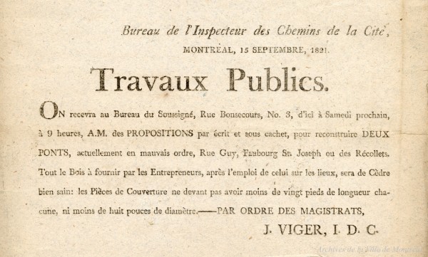 Appel d’offres pour la reconstruction de deux ponts (rue Guy). – 15 septembre 1821. VM035-3-2-D028 p76. AVM.