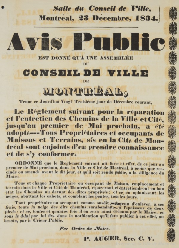 Avis public : règlement enjoignant à chaque occupant de maison de réparer et entretenir les chemins situés devant chez eux, en aplanissant la neige, en comblant les pentes ou en supprimant les bosses. – 23 décembre 1834. VM035-3-2-D063 p328. AVM.