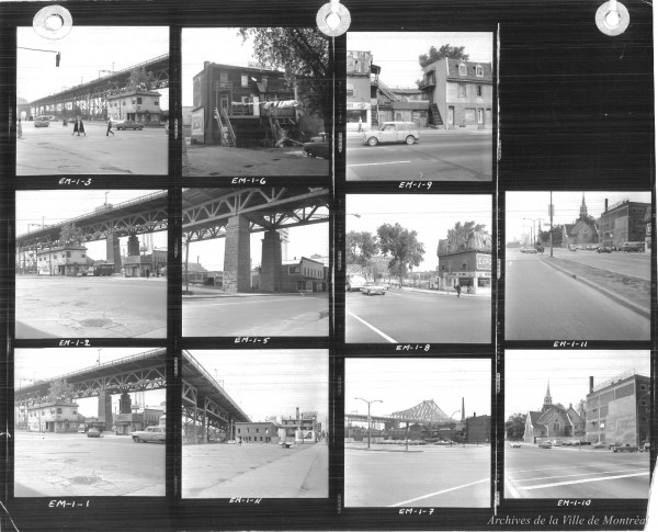 Planche contact du reportage VM094-EM001, montrant notamment l’angle de la rue Sainte-Catherine et de l’avenue De Lorimer, sous le pont Jacques-Cartier (1966). Archives de la Ville de Montréal.