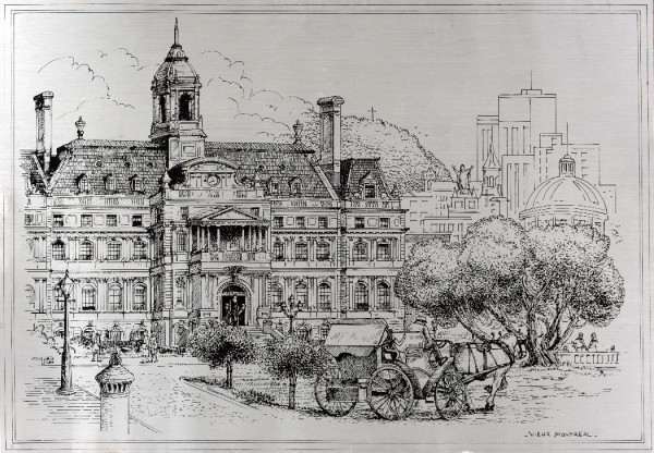 Illustration de l'Hôtel de ville sur plaque en acier. / Guy Pilon. - [197-] -1993. P126-07-P006. Archives de la Ville de Montréal.