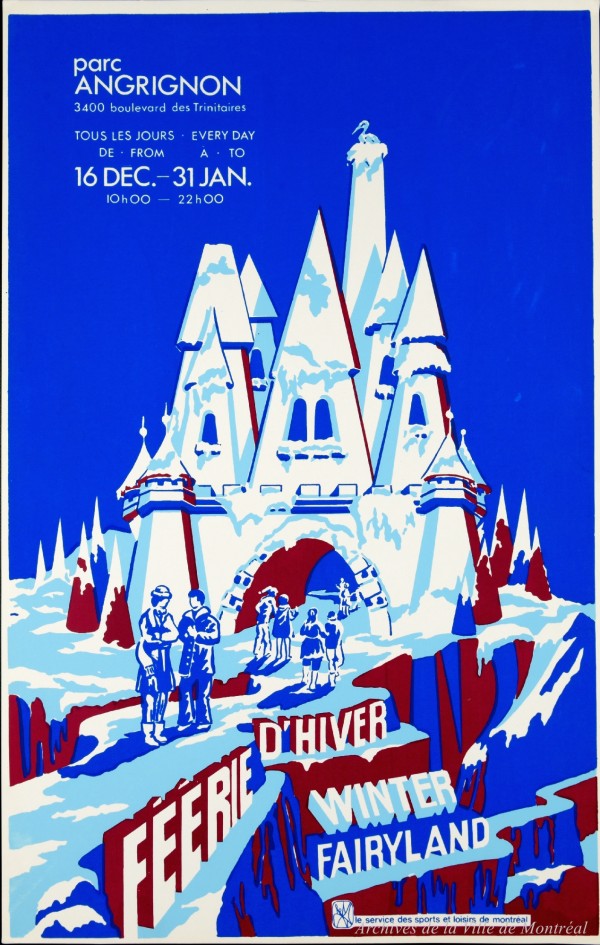 Illustration de l’affiche de la féerie d’hiver du parc Angrignon. / Roland Proulx - [197-]. P115-01-D008-004. Archives de la Ville de Montréal.
