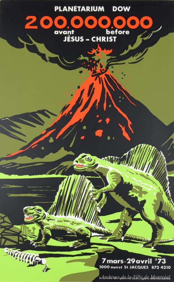 Affiche pour l’exposition 200.000.000 avant Jésus-Christ du Planétarium Dow. / Roland Proulx. -1973. P115-01-D017-001. Archives de la Ville de Montréal.
