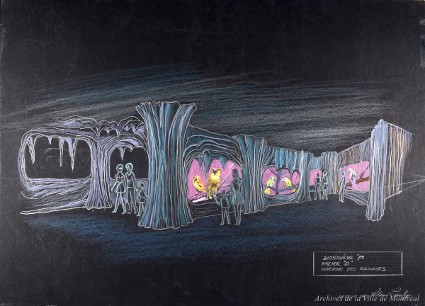 Illustration du palier D de la Biosphère : « Caverne des Rapaces ». / Roland Proulx. -1973. P115-01-D007-001. Archives de la Ville Montréal.